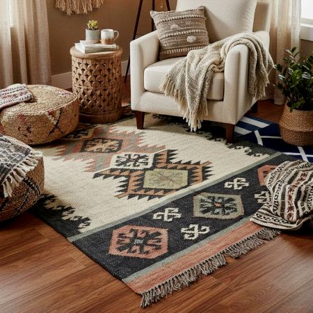 Handmade Vintage Multicolor Jute Dhurrie For Home